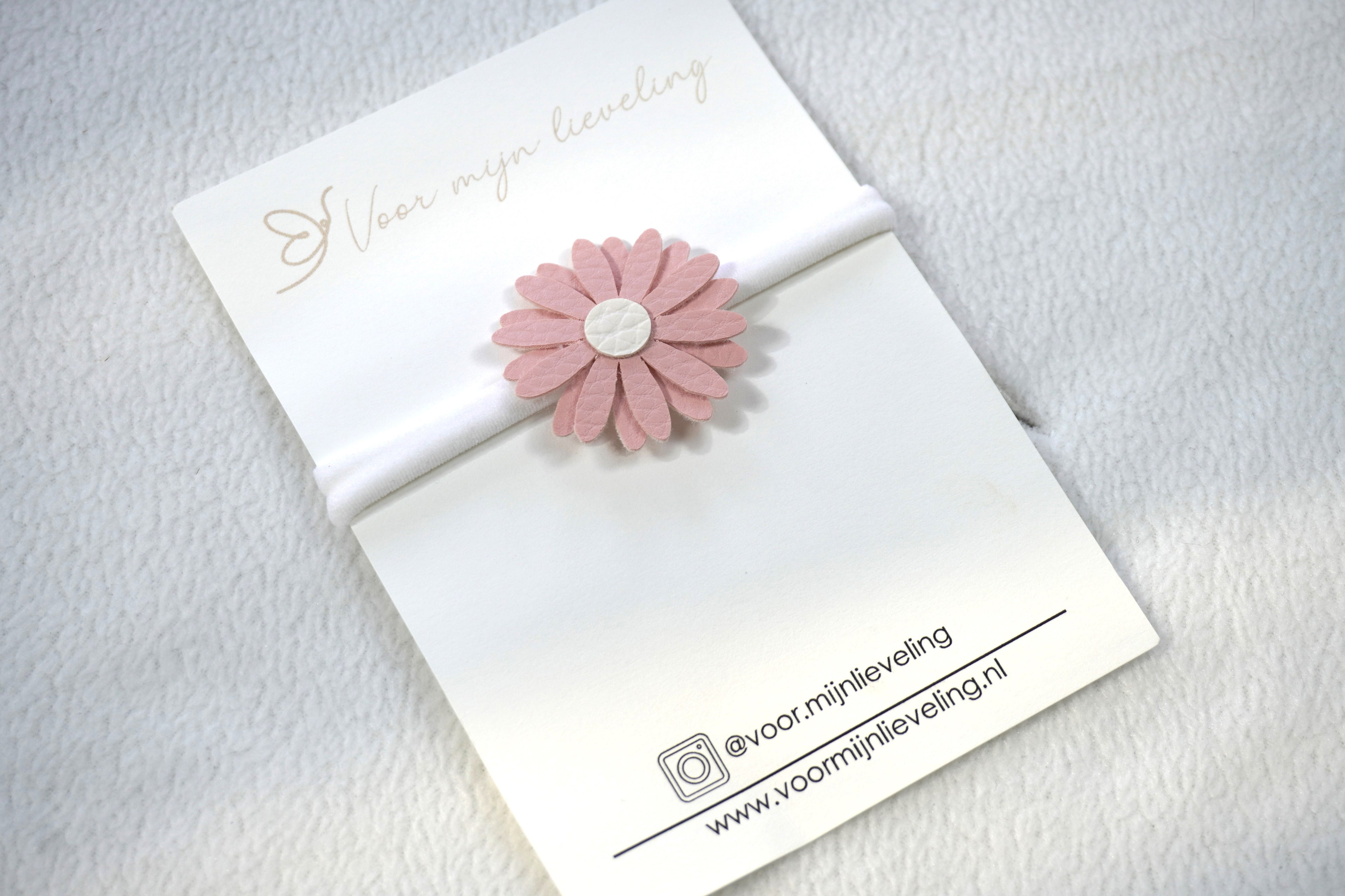 Baby haarbandje "Leather flower roze - wit"