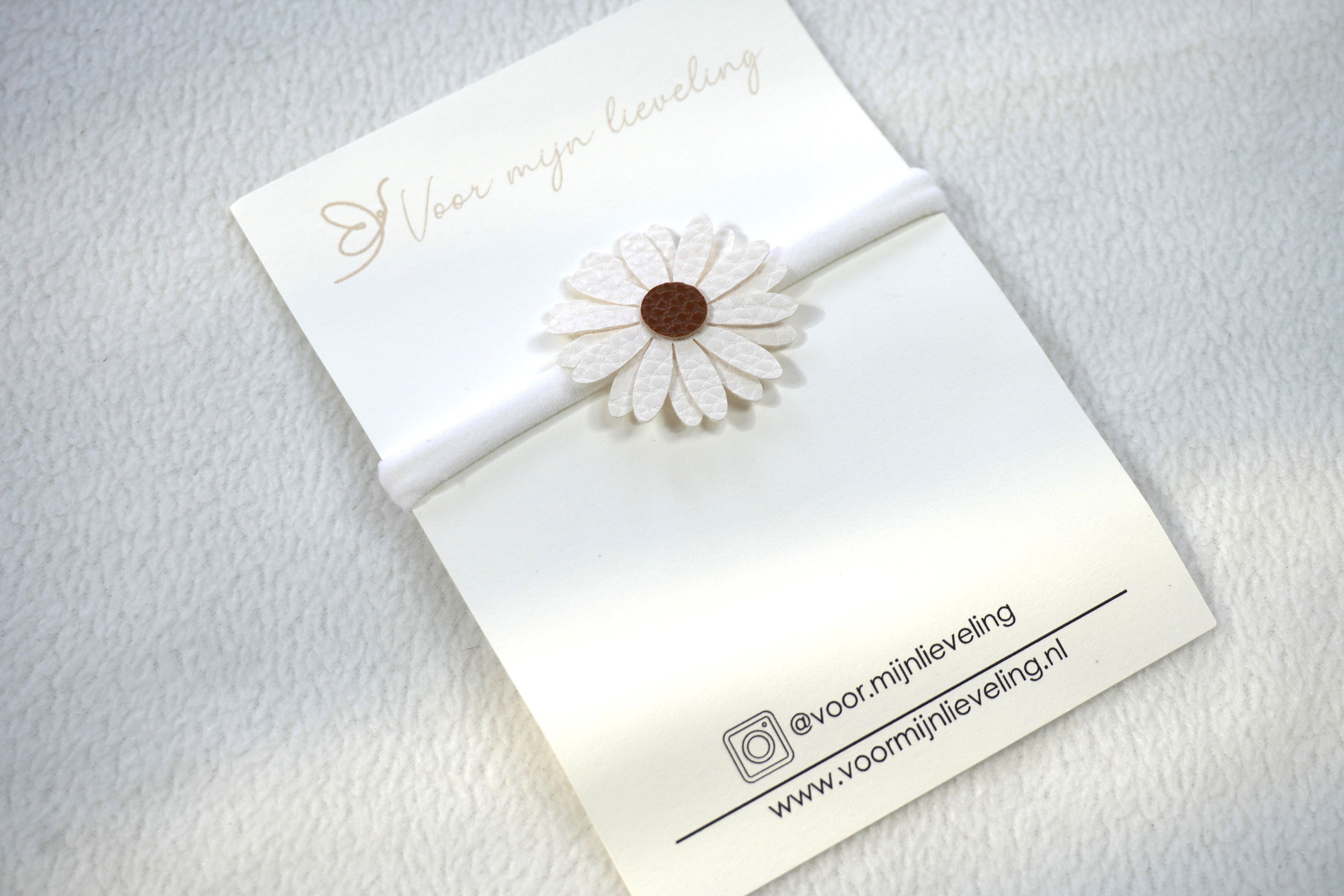 Baby haarbandje "Leather flower wit - bruin"